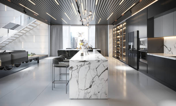 istock Luxurious modern kitchen interior design with marble island and sleek black cabinets 2184289868