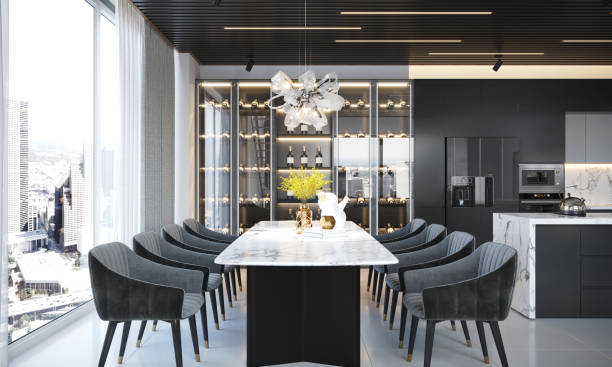 istock Modern luxury kitchen and dining space with city view and elegant decor 2184289875