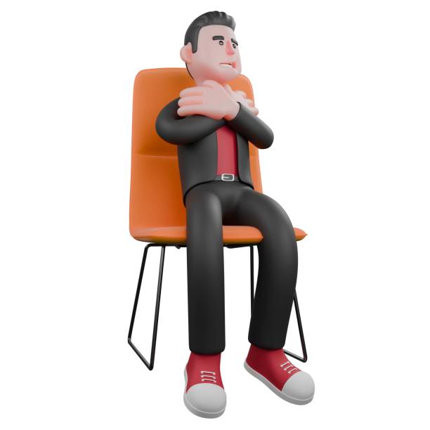 istock 3D Cartoon Choreographer Performance. A male choreographer sits on a chair with both hands on his chest. Dance Artist 2184293446