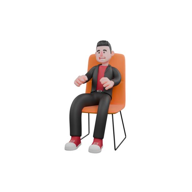 istock Cartoon Dance Creator. A male choreographer sits on a chair with both hands raised. 3D Choreographer 2184293604