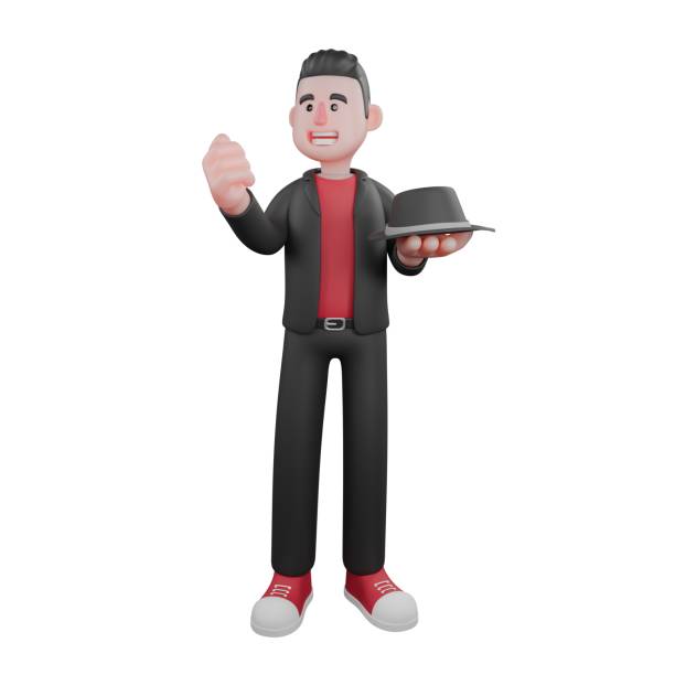 istock 3D Dance Choreographer Design. a male choreographer stands with one hand clenched while the other hand is holding a hat. Cartoon Artist 2184293647