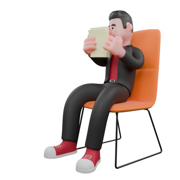 istock Choreographer Character in 3D Model. a male choreographer sits on a chair with both hands holding a paper while his eyes look at the paper he is carrying. Dance Star 2184293651