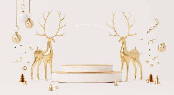 istock 3D render, Merry Christmas holiday background with empty stage podium decorated with golden ball, reindeer and confetti for banner. 2184294606