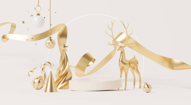 istock 3D render, Merry Christmas with empty stage podium for product showing with ornament element golden ribbon, candy cane, ball and reindeer on pastel background. 2184294607