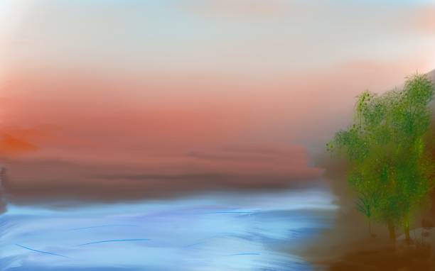 istock illustration of an afternoon view on a beautiful beach with the sun setting in a cloudy orange sky 2184295783