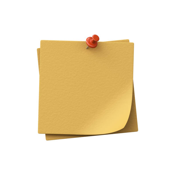 3D yellow paper with a texture for notes with a curved corner, with a red push button