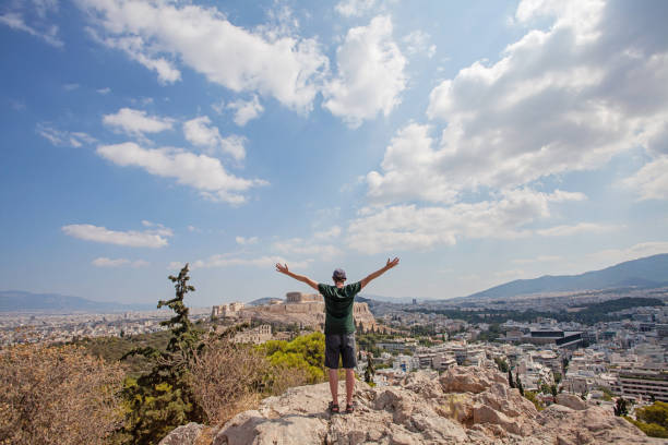 istock Man enjoying beautiful view on Acropolis, Athens 2184305548