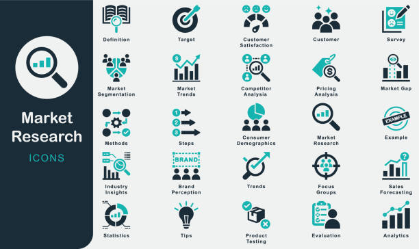Market Research solid icons collection.Containing Business, Definition, Methods, Steps, Tips, Example, Consumer Demographics, CompetitorAnalysis, Market Trends, Product Testing, Customer Satisfaction Market Research solid icons collection.Containing Marketting, Business, Definition, Methods, Steps, Tips, Example, Consumer Demographics, CompetitorAnalysis, Market Trends, Product Testing, Customer Satisfaction, Pricing Analysis, Brand Perception, Market Segmentation, Industry Insights, Sales Forecasting, Target, Survey, Market Gap, Analytics, Statistics, Customer, Trends, Evaluation, Focus Groups research stock illustrations
