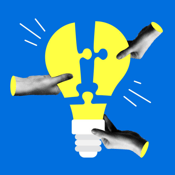 istock Modern collage with halftone hands holding a puzzle in a shape of light bulb 2184313437