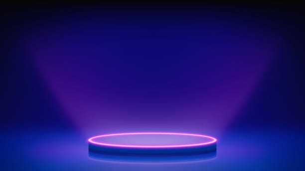 istock Futuristic blue stage with glowing podium. Blue room, round neon pedestal podium illuminating the advertised product from below. Background for displaying products, presentation. Backdrop. Vector 2184315827