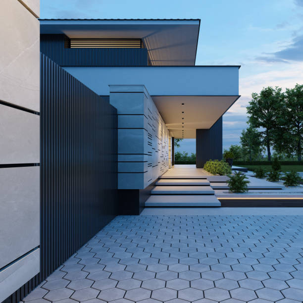 istock Contemporary Villa with Stunning Stone Facade and Front Yard at Sunset 2184332207