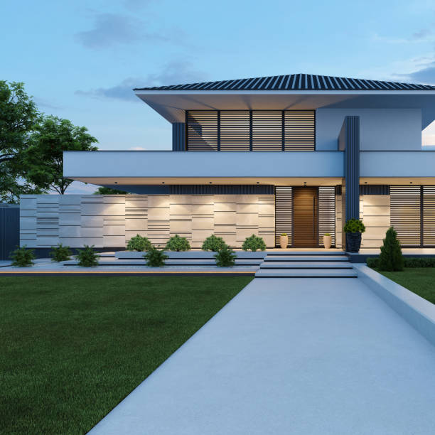 Closeup top part of modern houses, sky background with copy space, full frame horizontal composition