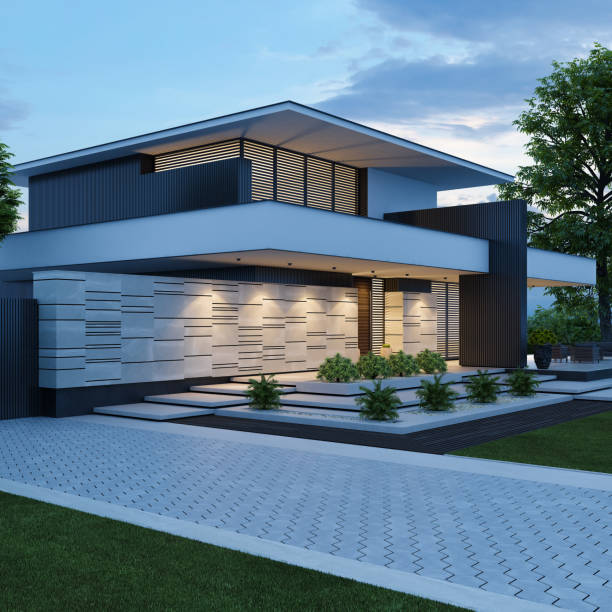 istock Contemporary Villa with Stunning Stone Facade and Front Yard at Sunset 2184332229