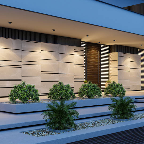 istock Contemporary Villa with Stunning Stone Facade and Front Yard at Sunset 2184332241