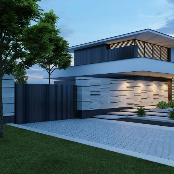 istock Contemporary Villa with Stunning Stone Facade and Front Yard at Sunset 2184332341