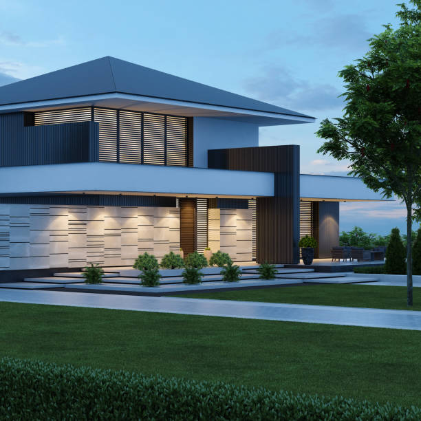 istock Contemporary Villa with Stunning Stone Facade and Front Yard at Sunset 2184332350