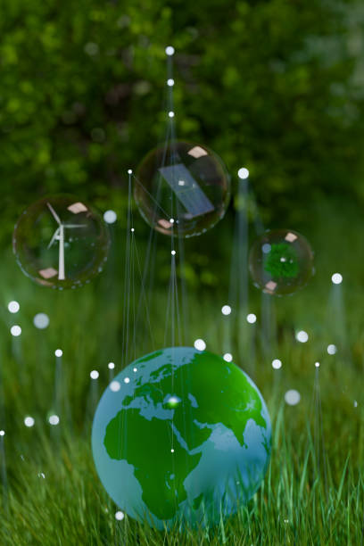 A globe surrounded by bubbles representing renewable energy, highlighting Earth Day themes of sustainability and ecology. 3d rendering