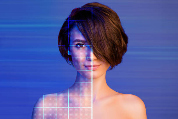 Creative 3d photo artwork collage of smiling lady laser grid face identification isolated purple violet color background.