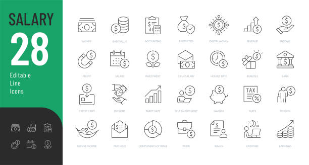 Salary Line Editable Icons set. Vector illustration in modern thin line style of finance related icons: taxes, accounting, cash, and more. Pictograms and infographics for mobile apps wages stock illustrations