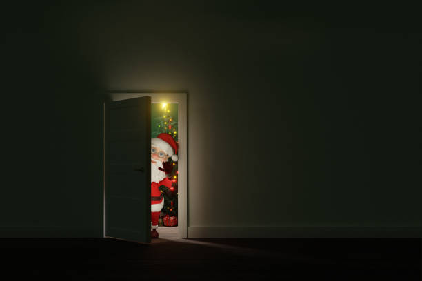 istock Santa Claus Peeking Through an Open Door. 3d illustration 2184339720