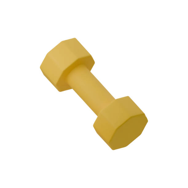 istock 3d icon of yellow dumbbell isolated on white background. Minimal fitness object. 3d rendering. Suitable for gym, workout, and health related designs 2184344414