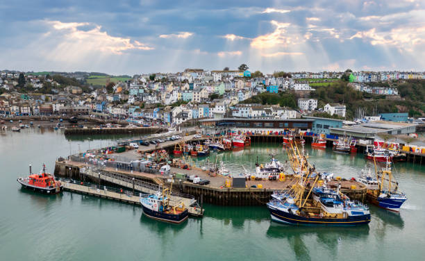 Aerial view of Brixham Harbor on the south coast of Devon in the southwest of England.
