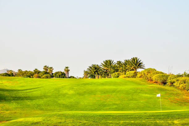 A golf course with a green hill and a white flag on the ground. The flag is pointing to the right