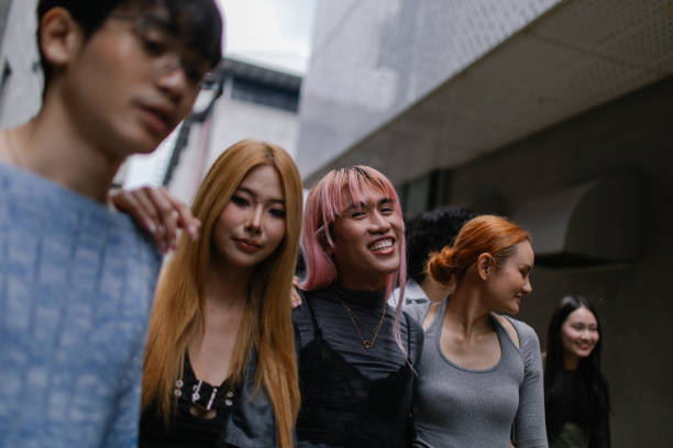 Diversity Southeast Asian teenager group shot, street styles, teenager traveling in the city on weekend.