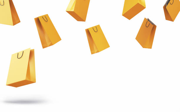 3d Render Yellow Cardboard Shopping Bags Falling Down From Above, Shopping discount days concept, Object + Shadow Clipping Path