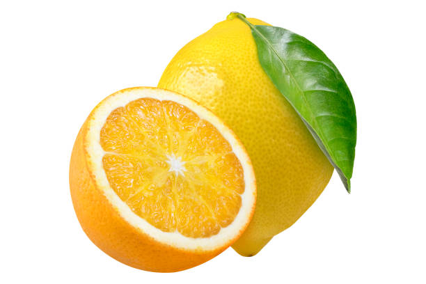 istock Half an orange and a whole lemon with a leaf on an isolated white background. 2184374733