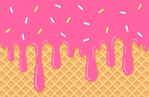 istock Melting ice cream with colorful candy sprinkles on wafer background. Waffle cone with dripping pink dessert texture. Sweet strawberry ice cream boarder. 2184376796