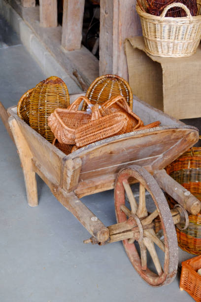 Old wooden wheelbarrow filled with baskets
