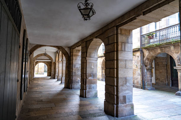 Santiago de Compostela arch arcades in rua Nova Galicia In Spain