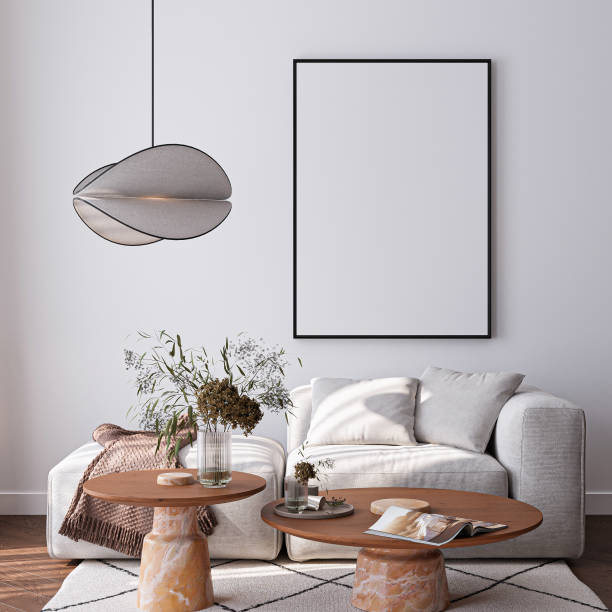 istock Frame mockup, ISO A paper size. Living room wall poster mockup. Interior mockup with house background. Modern interior design. 3D render 2184388024