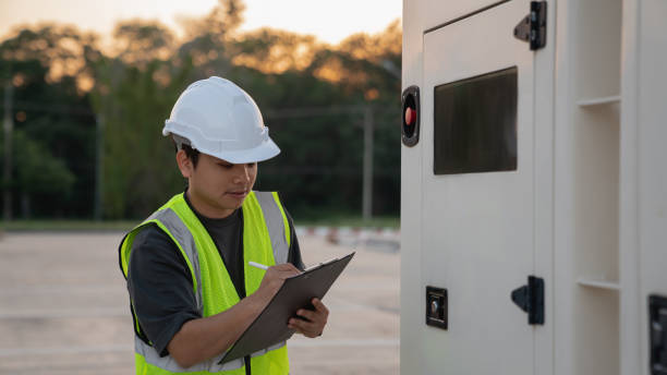 istock Electrical engineer carefully checks the power distribution cabinet, looking over the connections and parts. 2184395543