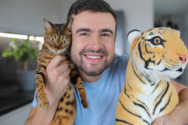 istock Man holding his bengal cat and a toy 2184398444