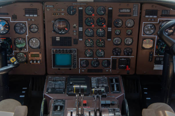 Close up shot of the control panel in a plane cockpit.