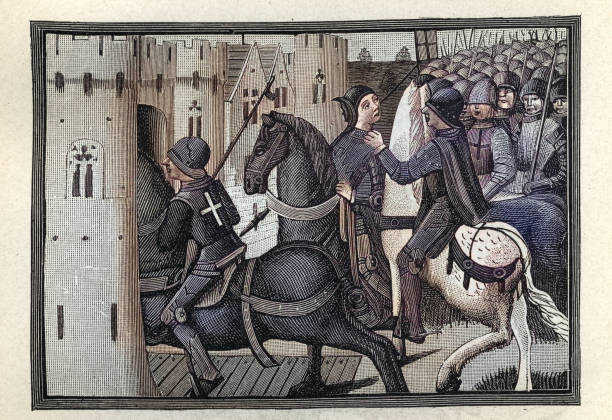 Vintage illustration of Joan of Arc taken prisoner. On 23 May 1430, she was with a force that attempted to attack the Burgundian camp at Margny north of Compiègne, but was ambushed and captured