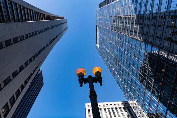 Perspective view. Skyscraper building architecture. Skyscraper with glassy exterior. Modern city perspective. Skyscraper in metropolis city. City downtown with skyscraper in perspective.