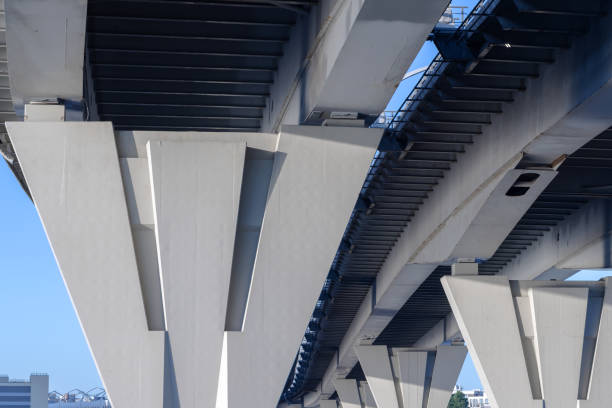 istock Bottom view of a road bridge with concrete pillars 2184410733