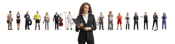 istock Female recruiter in front of people with different professions 2184413426