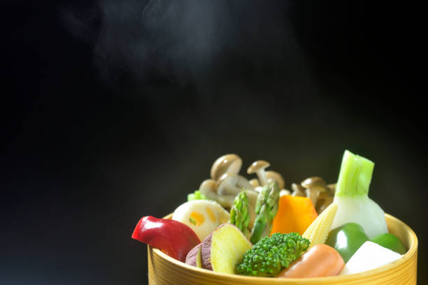 Steamed vegetables with rising steam