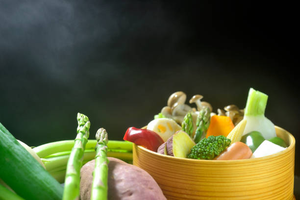 Steamed vegetables with rising steam
