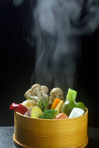 Steamed vegetables with rising steam