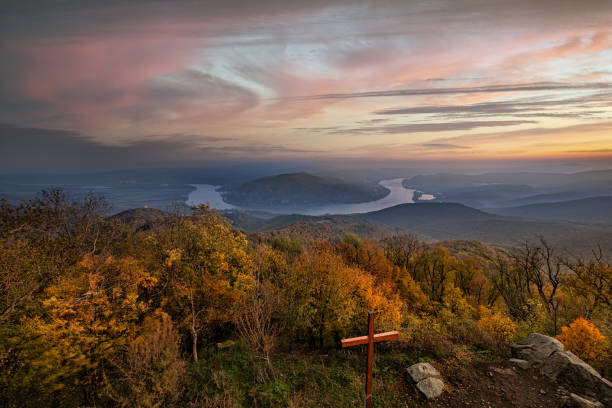 Autumn view of the beautiful Danube river curve at dawn, Pest county, Hungary