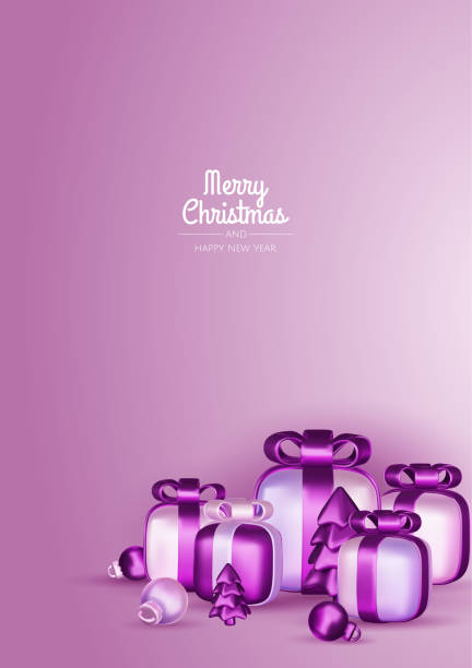 istock Happy New Year and Merry Christmas. Christmas holiday background with realistic 3d objects, violet and white bauble balls, conical metal stars, gift. Levitation falling design composition. 2184418844