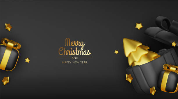 istock Happy New Year and Merry Christmas. Christmas holiday background with realistic 3d objects,gold and red bauble balls, conical metal stars. Levitation falling design composition. 2184419438