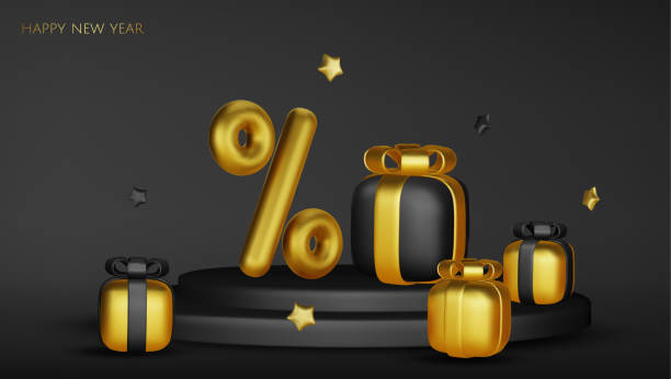 istock Happy New Year and Merry Christmas. Christmas holiday background with realistic 3d objects,gold and red bauble balls, conical metal stars. Levitation falling design composition. 2184419465