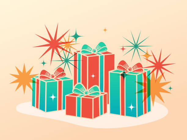 Christmas gifts with fireworks and sparkling stars in color overlay. Celebration design element. Cutout, risograph and retro style. Christmas card. Birthday gifts. Vector illustration.