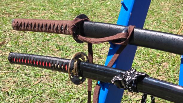 Two Japanese katana swords on a blue stand. The top sword has a brown handle wrap, while the bottom sword has a black handle wrap with red accents. Both swords are secured with cloth ties.